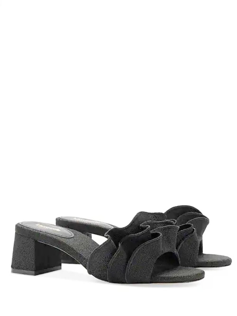$350 LARROUDE BRIDGITTE RUFFLE HEEL SANDALS BLACK SLIDE MULE 6.5 (DD13)